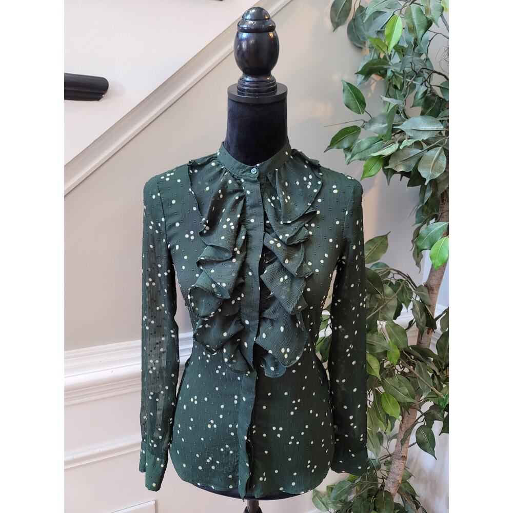 H&M Blouse Green Polka Dot Sheer Ruffle Band Collar Long Sleeve Small Button-Up